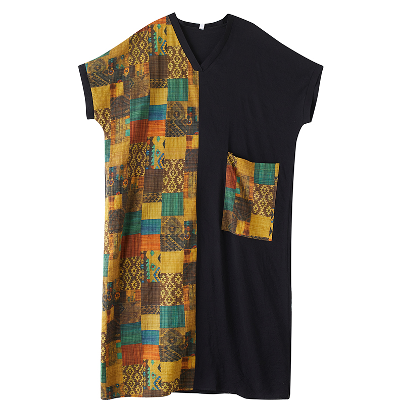 XITAO Pocket Patchwork Contrast Color Dress V-neck Pullover Short Sleeve Loose Slimming All Match Casual Dress ZMY1083