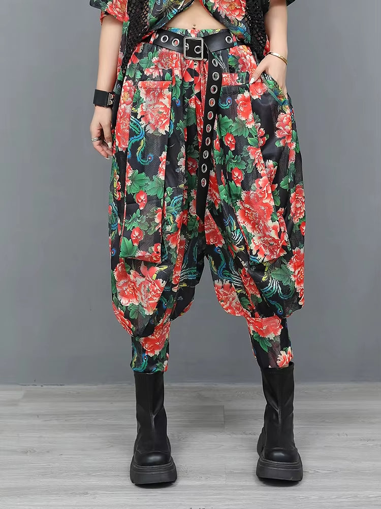 XITAO Hollow Out Asymmetrical Print Sets Turn-down Collar Loose Short Sleeve Personality Elastic Waist Woman Sets GYX1664