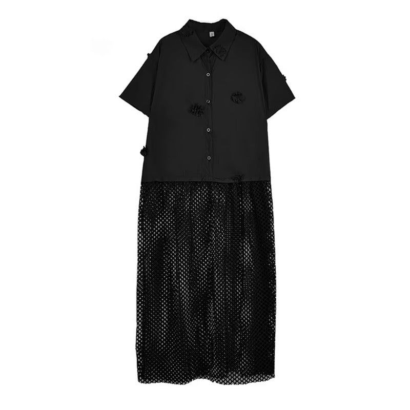 XITAO Flower Patchwork Irregular Shirt Dress Casual Solid Color Short Sleeve Women Summer Hollow Out Loose Dress HQQ2513