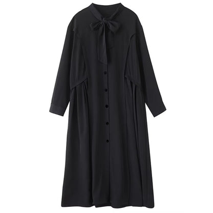 XITAO Drawstring Full Sleeve Vintage Dress Solid Color Single Breasted Loose Pocket Casual All-match Simple Woman Dress ZMY1407
