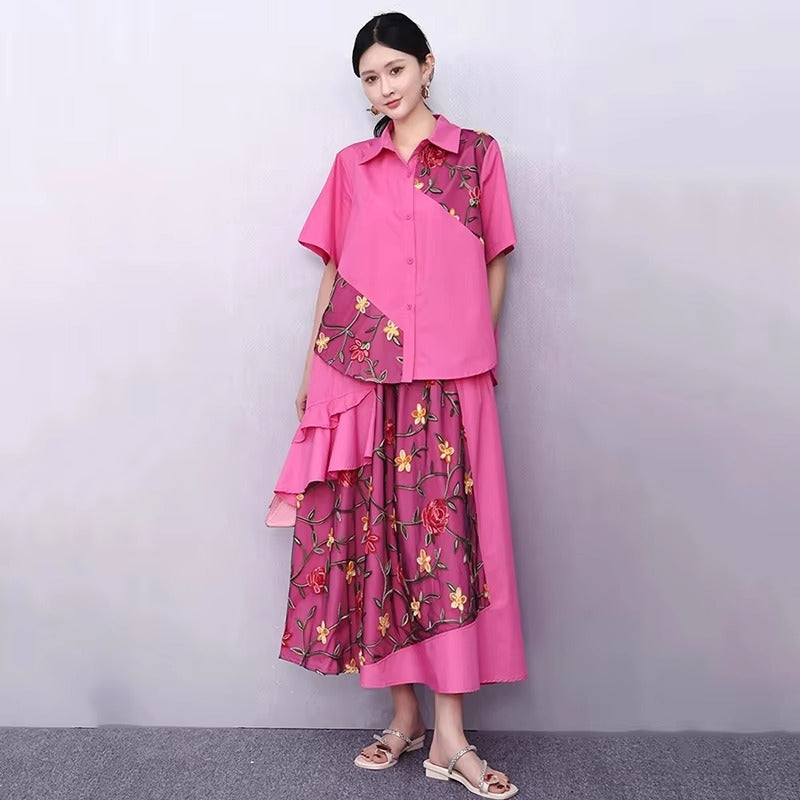 XITAO Asymmetrical Gauze Flower Sets Patchwork Embroidery Turn-down Collar Short Sleeve Loose Elegant Two-piece Sets HQQ2503
