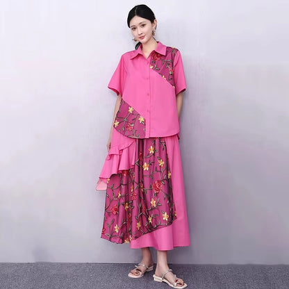 XITAO Asymmetrical Gauze Flower Sets Patchwork Embroidery Turn-down Collar Short Sleeve Loose Elegant Two-piece Sets HQQ2503