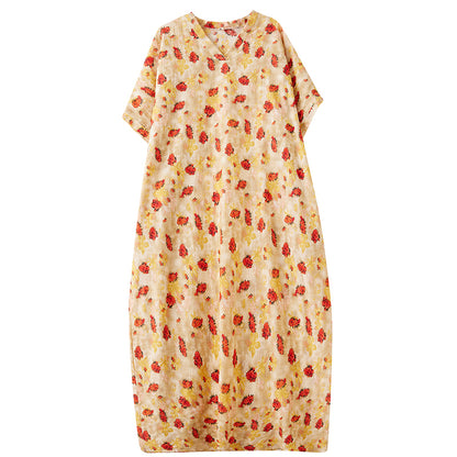 XITAO Pullover Print Vintage Batwing Sleeve Dress V-neck Loose Slimming Ankle-Length Vacation Style Travel All Match Dress ZMY1001