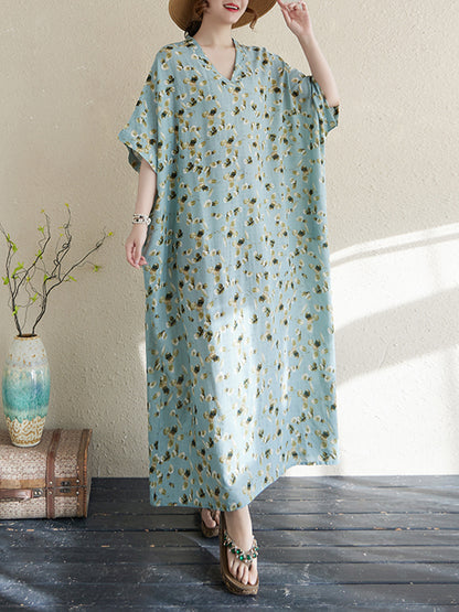 XITAO Vacation Style Loose V-neck Dress Print Pullover Batwing Sleeve Vintage Slimming Ankle-Length All Match Dress  ZMY1002