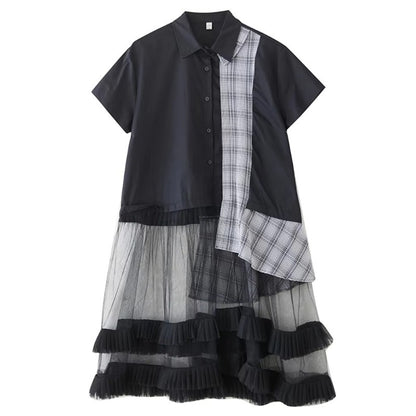 XITAO Loose Plaid Patchwork Shirt Dress Personality Mesh Women Summer Temperament All-match Turn-down Collar Dress ZMY1394