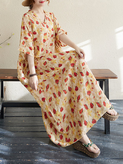 XITAO Pullover Print Vintage Batwing Sleeve Dress V-neck Loose Slimming Ankle-Length Vacation Style Travel All Match Dress ZMY1001