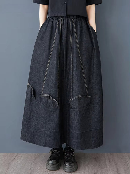 XITAO Pocket Elastic Waist Casual Skirt Loose Fitting Vintage Fashion A-line High Waist New Simple Spring Women Skirt GYX1512