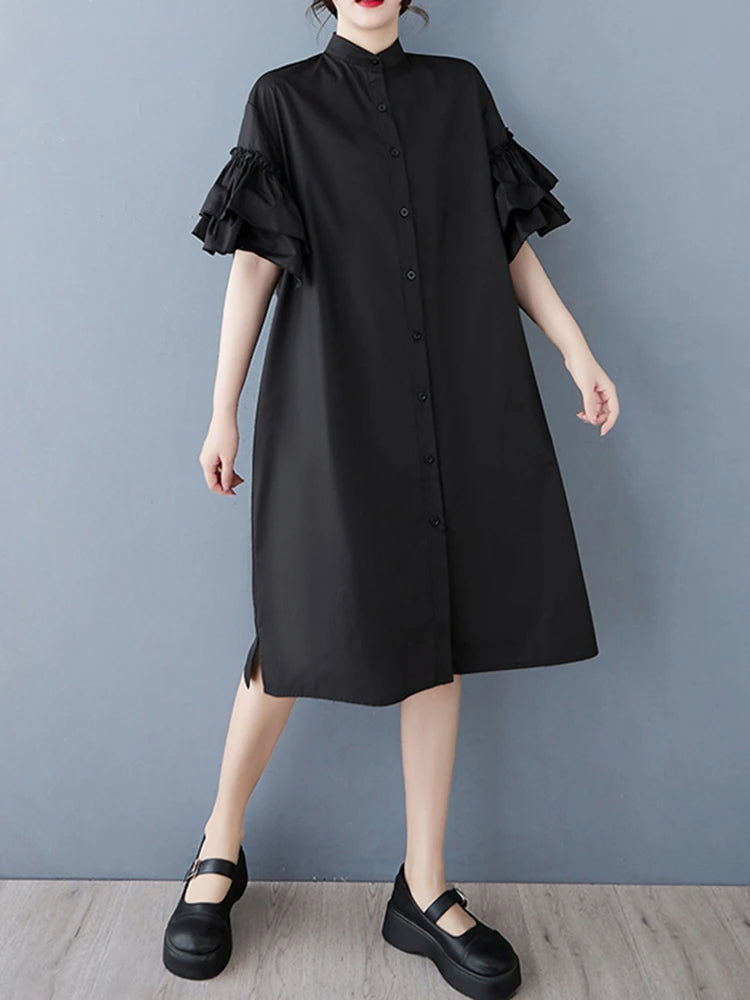 XITAO Ruffles Sleeve Single Breasted Dress New A-line Mid-calf Stand Collar O-neck Solid Color Summer Female Dress GMM1328