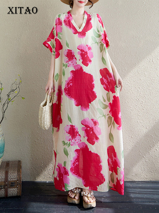 XITAO Contrast Color V-neck Pullover Dress Ankle-Length Loose Short Sleeve Casual Summer Temperament All Match Dress ZMY1087