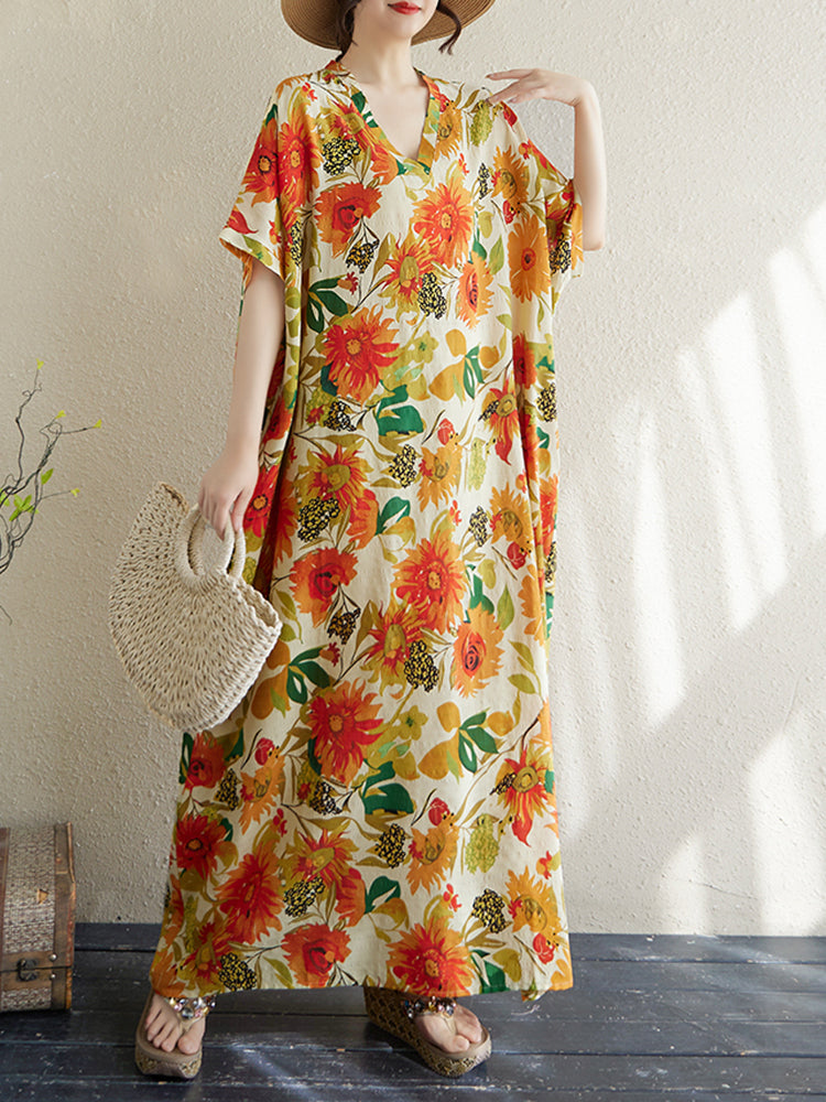 XITAO V-neck Print Dress Short Sleeve Casual Loose Fitting Slimming Elegant Pullover Summer Women Dress ZMY1107