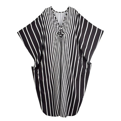 XITAO Stripe Print V-neck Dress Batwing Sleeve A-line Full Sleeve Personality Pullover Fashion Goddess Summer Women Dress GJ1151