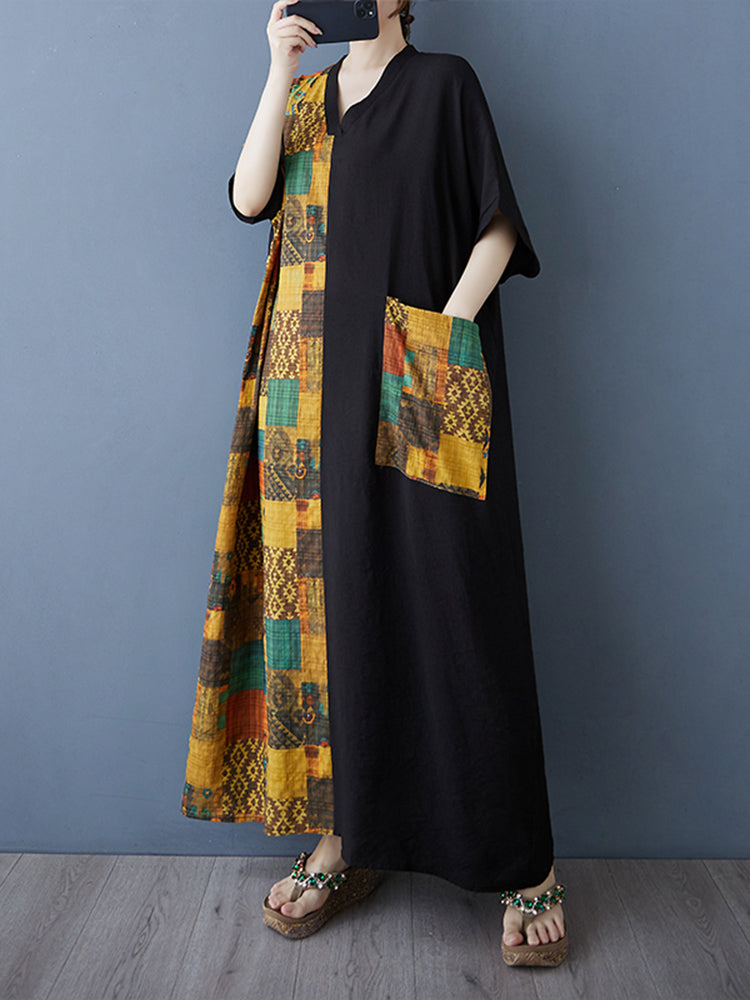 XITAO Pocket Patchwork Contrast Color Dress V-neck Pullover Short Sleeve Loose Slimming All Match Casual Dress ZMY1083