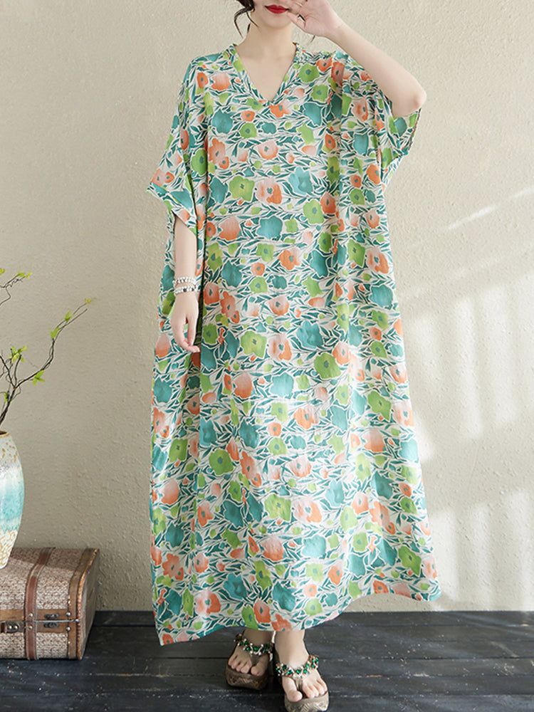 XITAO Batwing Sleeve Flower V-neck Dress Casual Loose Fitting Simple Floral A-line Half Sleeve Popular Leisure Female Dress ZMY1008