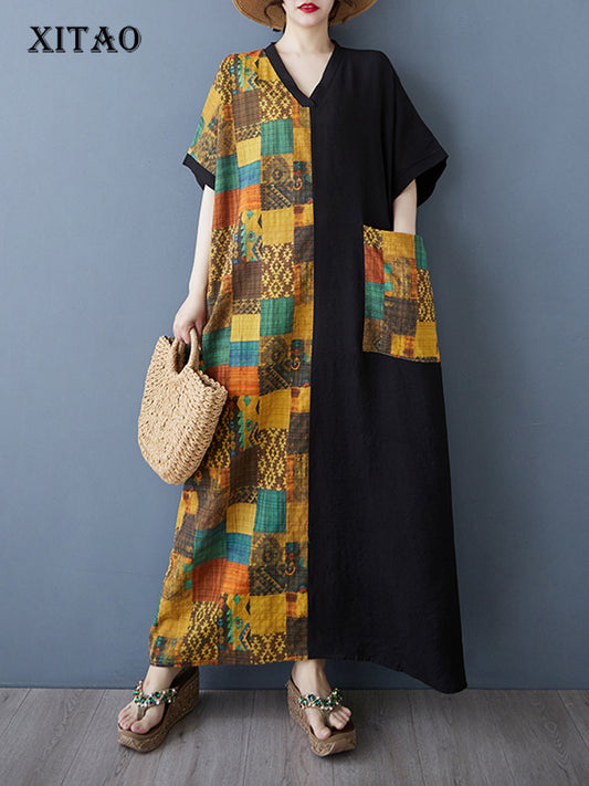 XITAO Pocket Patchwork Contrast Color Dress V-neck Pullover Short Sleeve Loose Slimming All Match Casual Dress ZMY1083