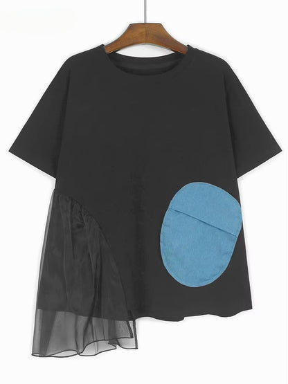 XITAO Irregular Patchwork Mesh Pocket T-shirt Casual O-neck Short Sleeve Personality Loose Fitting Summer Women T-shirt GYX1523