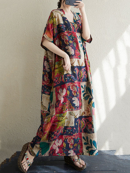 XITAO Print V-neck Dress Casual A-line Loose Fitting Batwing Sleeve Comfortable Summer Women Dress ZMY1112