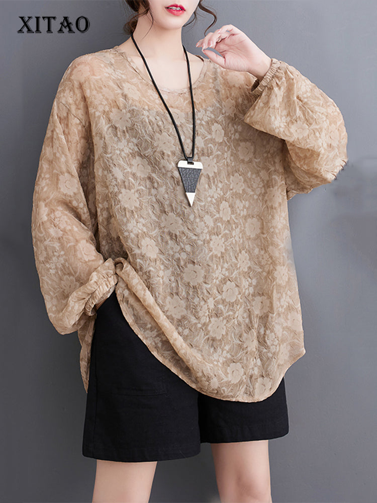 XITAO Jacquard O-neck T-shirt Casual Loose Fitting Full Sleeve Slimming Comfortable Pullover Solid Color Women T-shirt ZMY1127