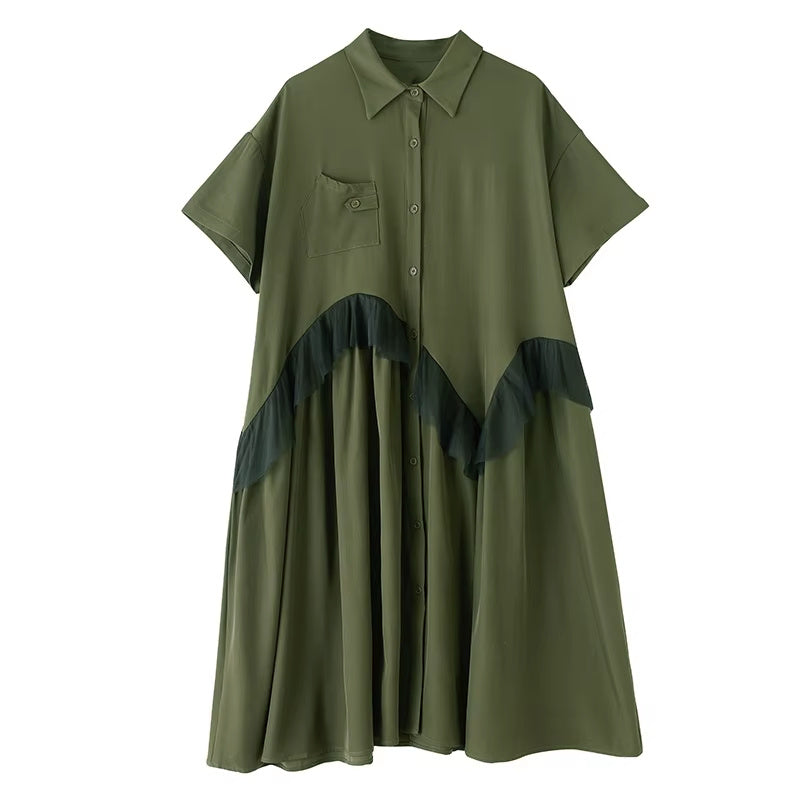 XITAO Single Breasted Mesh Patchwork Dress Turn-down Collar Casual Solid Color Short Sleeve A-line Summer Women Dress ZMY1198
