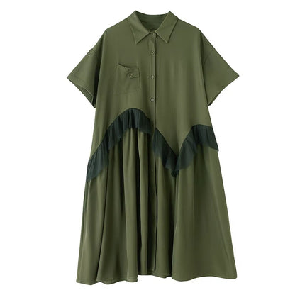 XITAO Single Breasted Mesh Patchwork Dress Turn-down Collar Casual Solid Color Short Sleeve A-line Summer Women Dress ZMY1198
