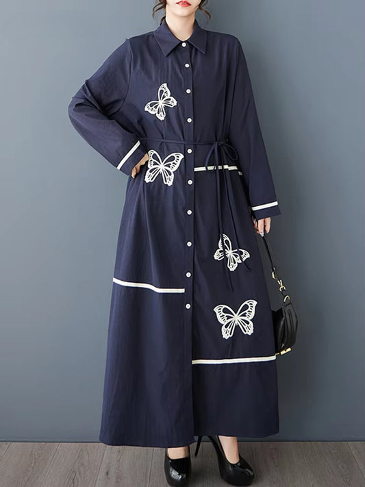 XITAO Embroidery Single Breasted Lapel Dress Casual New Arrival Slimming Fashion Full Sleeve A-line Spring Women Dress GYX1514