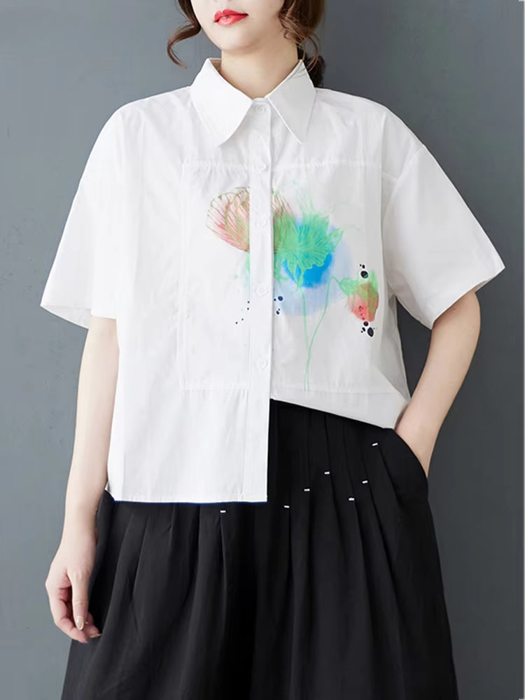 XITAO Print Single Breasted Shirt Casual Turn-down Collar Half Sleeve Simple Leisure Flower Thin Summer Female Shirt GYX1535