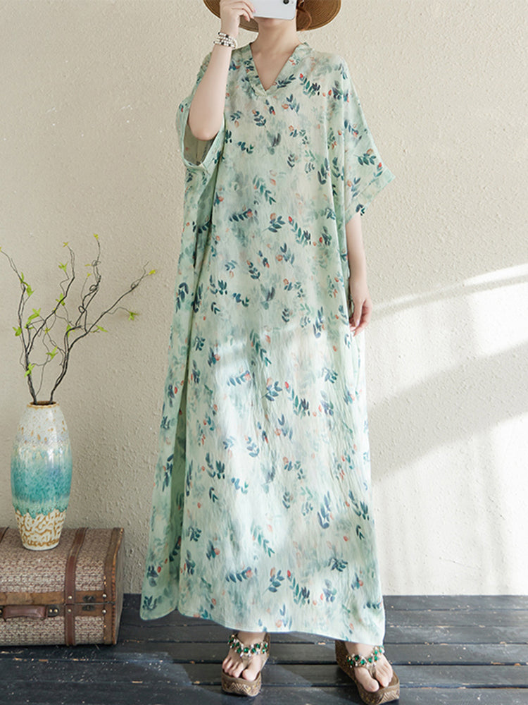 XITAO Floral Print Half Sleeve Dress Casual Fitting Vintage A-line Versatile Loose and Comfortable Thin Summer Dress ZMY1004
