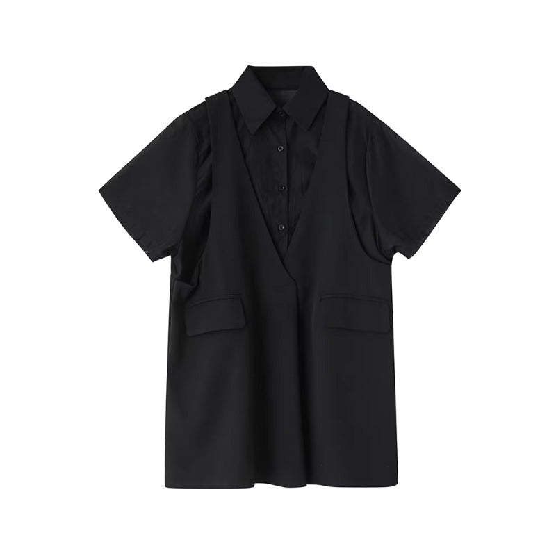 XITAO Pocket Patchwork Solid Color Shirt Dress Collar Short Sleeve Loose Slimming Summer Woman Fake Two Pieces Dress ZMY1298