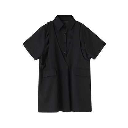 XITAO Pocket Patchwork Solid Color Shirt Dress Collar Short Sleeve Loose Slimming Summer Woman Fake Two Pieces Dress ZMY1298