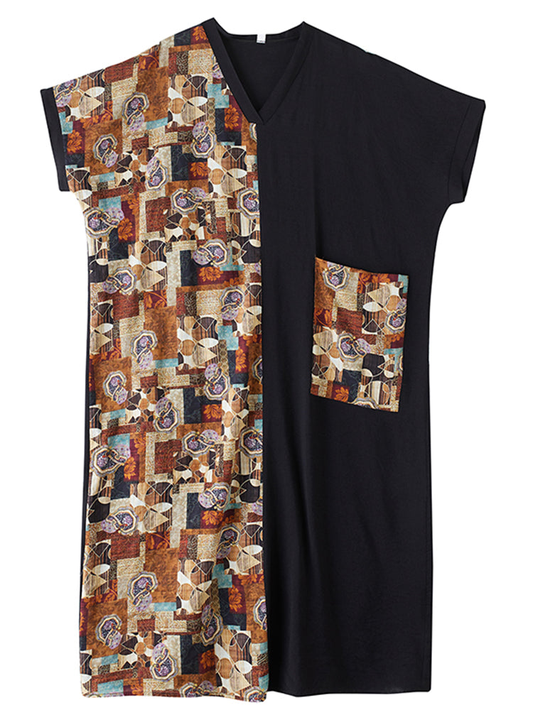 XITAO V-neck Pullover Short Sleeve Pocket Dress Contrast Color Patchwork Loose All Match Summer Slimming Women Dress ZMY1084