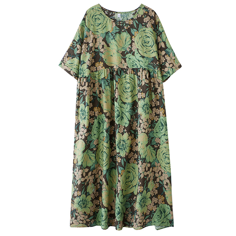 XITAO Print Floral Pleated Dress Casual Loose Fitting Bohemian Style O-neck A-line Slimming Summer Women Dress ZMY1082