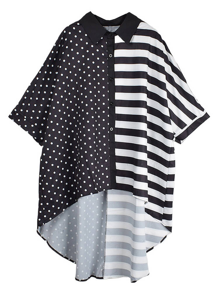 XITAO Asymmetric Casual Stripes Shirt Turn Down Collar Short Sleeved Polka Dot Patchwork Stripes Loose Women New Top LYD1783