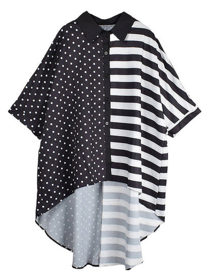 XITAO Asymmetric Casual Stripes Shirt Turn Down Collar Short Sleeved Polka Dot Patchwork Stripes Loose Women New Top LYD1783