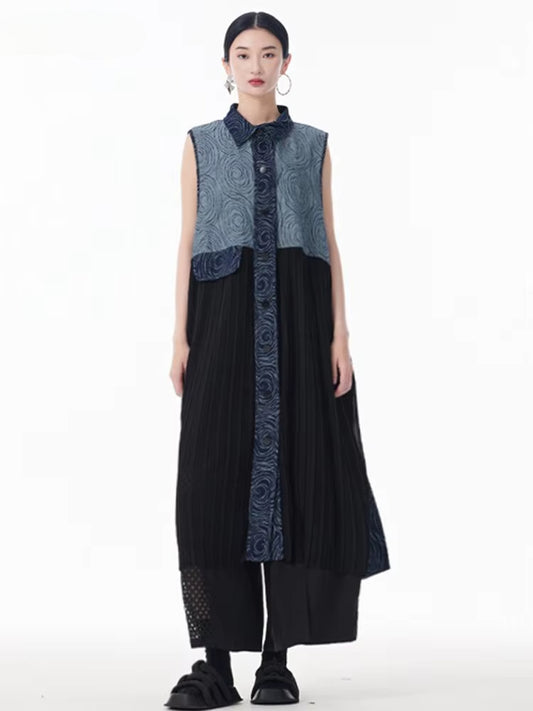 XITAO Patchwork Single Breasted Sleeveless Dress Turn-down Collar A-line Casual Pocket New Personality Female Dress GYX1522