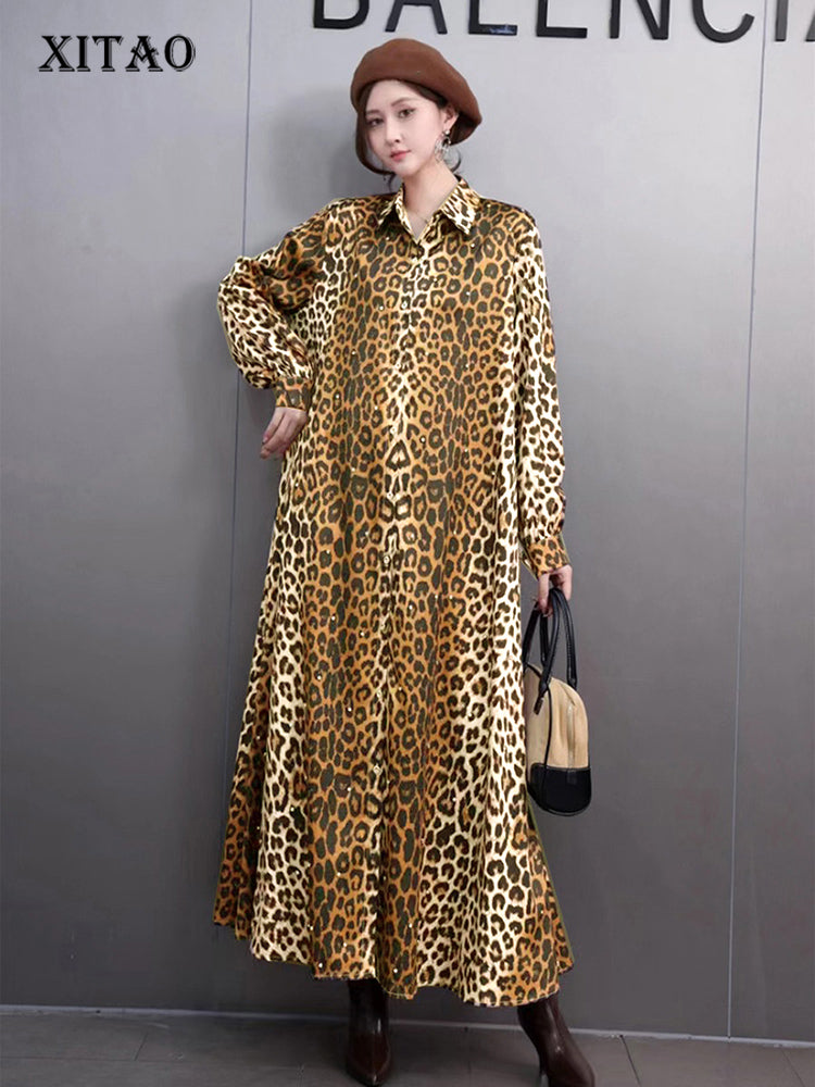 X XITAO Leopard Print Single Breasted Lapel Dress Full Sleeve Casual Simple A-line Fashion Shirt Collar Popular Slimming Women Dress GMM1318