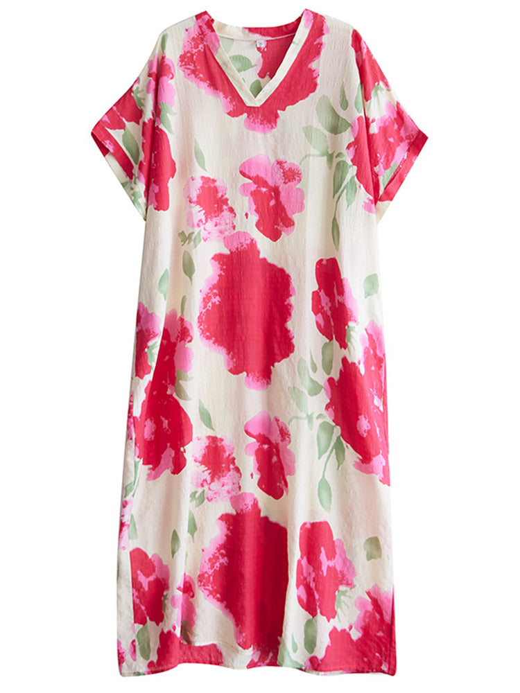 XITAO Contrast Color V-neck Pullover Dress Ankle-Length Loose Short Sleeve Casual Summer Temperament All Match Dress ZMY1087