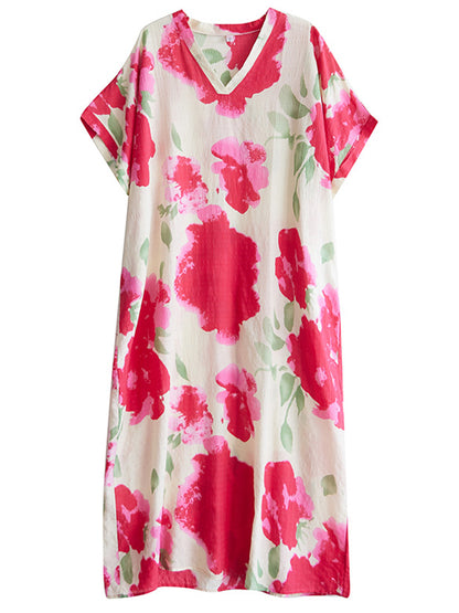 XITAO Contrast Color V-neck Pullover Dress Ankle-Length Loose Short Sleeve Casual Summer Temperament All Match Dress ZMY1087
