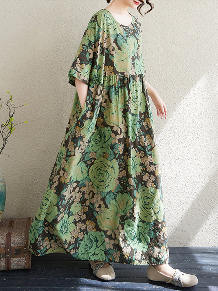 XITAO Print Floral Pleated Dress Casual Loose Fitting Bohemian Style O-neck A-line Slimming Summer Women Dress ZMY1082