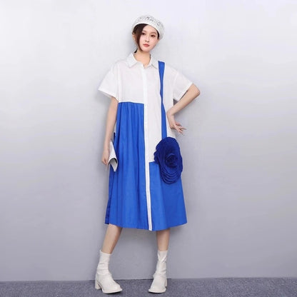 XITAO Three-dimensional Decoration Flower Dress Contrast Color Patchwork Turn-down Collar Loose Summer Woman Dress ZMY1397