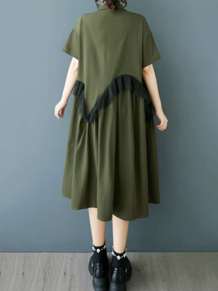 XITAO Single Breasted Mesh Patchwork Dress Turn-down Collar Casual Solid Color Short Sleeve A-line Summer Women Dress ZMY1198