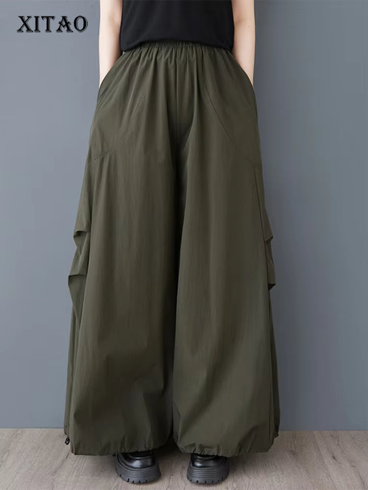 XITAO Shirring Pocket Patchwork Pant Solid Color Elastic Waist Casual Slimming All Match Loose Wide Leg Pants Spring ZY8935