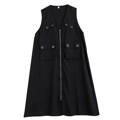 XITAO Sleeveless Patchwork Dress Pocket Solid Color Zipper Loose New Arrival A-line V-neck Elegant Summer Woman Dress ZMY1363