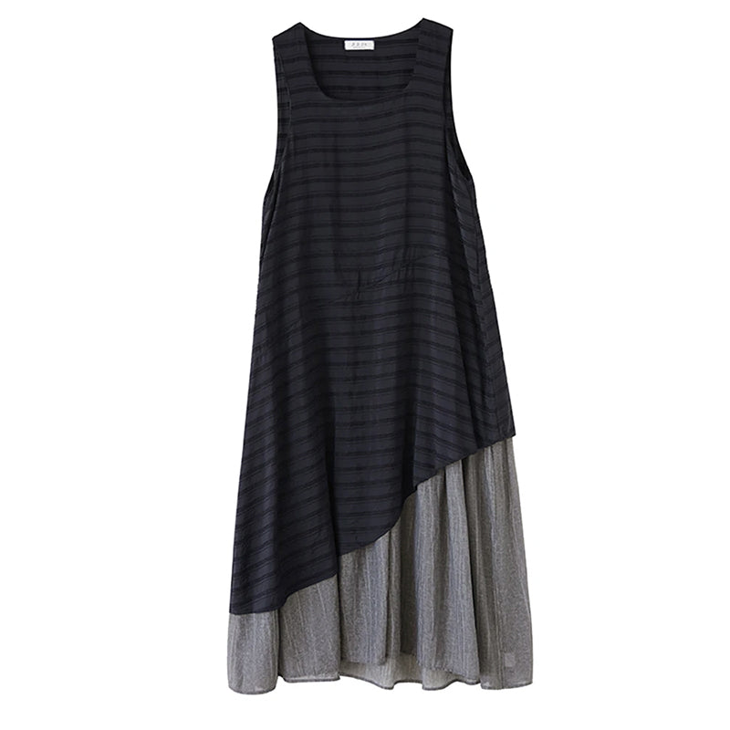 XITAO Asymmetrical Patchwork O-neck Female Dress Casual A-line Sleeveless Loose Fitting Slimming Summer Women Dress ZMY1196
