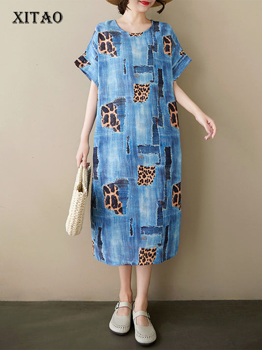 XITAO Print O-neck Short Sleeve Dress A-line Pullover Casual Loose Fitting Comfortable Summer Female Dress ZMY1120