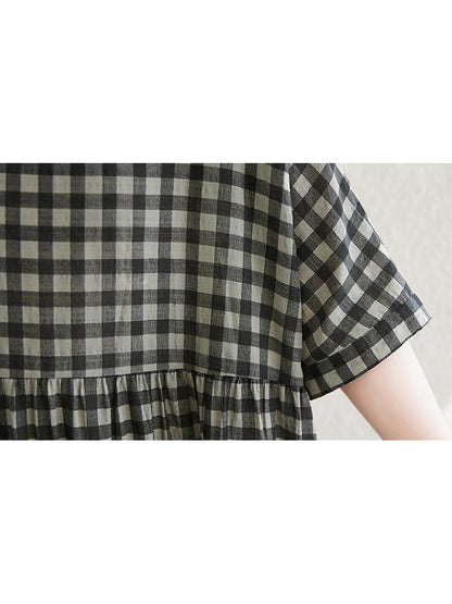 XITAO Grid Short Sleeve Dress Folds A-line O-neck Casual Loose Simple Pullover Thin Summer Female Dress ZMY1115