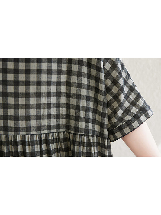 XITAO Grid Short Sleeve Dress Folds A-line O-neck Casual Loose Simple Pullover Thin Summer Female Dress ZMY1115