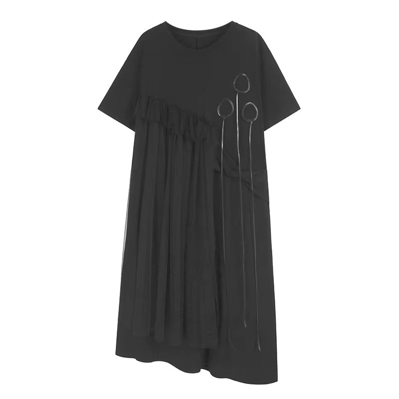 XITAO Irregular Solid Color Loose Dress O-neck Short Sleeve Gauze Patchwork Short Sleeve Elegant Summer Woman Dress ZMY1376