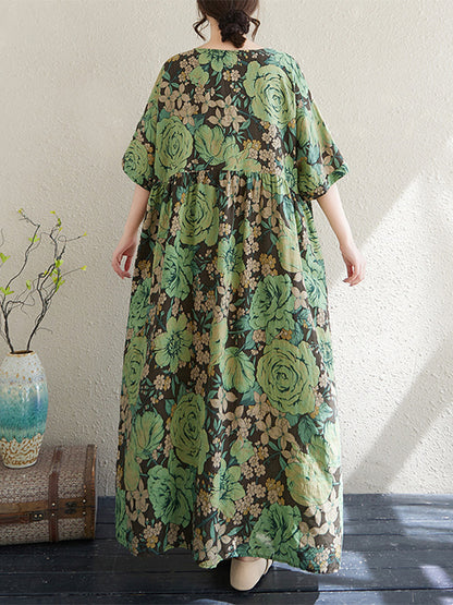 XITAO Print Floral Pleated Dress Casual Loose Fitting Bohemian Style O-neck A-line Slimming Summer Women Dress ZMY1082