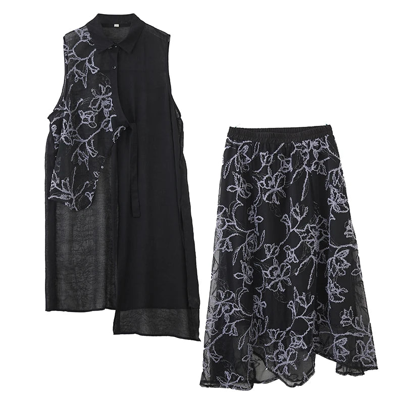 XITAO Asymmetrical Patchwork Print Turn-down Collar Dress Set Casual A-line Loose Fitting Sleeveless Summer Women Set ZMY1285