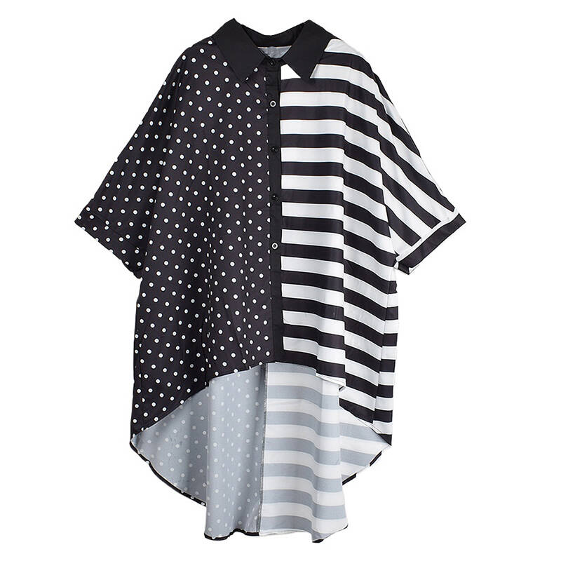 XITAO Asymmetric Casual Stripes Shirt Turn Down Collar Short Sleeved Polka Dot Patchwork Stripes Loose Women New Top LYD1783