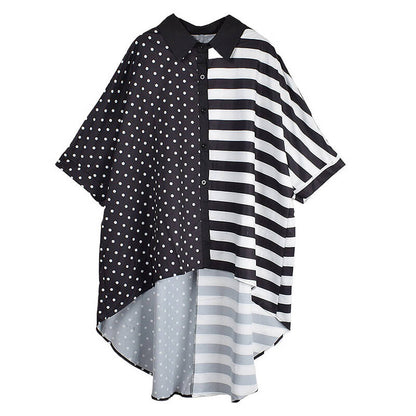 XITAO Asymmetric Casual Stripes Shirt Turn Down Collar Short Sleeved Polka Dot Patchwork Stripes Loose Women New Top LYD1783